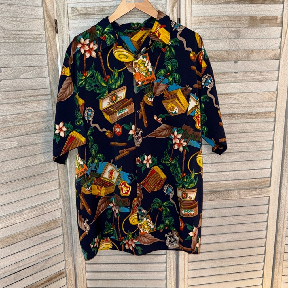 VTG Koman Sport Mens Shirt Button Up Dark Blue Hawaiian Tropical Cigar Palm